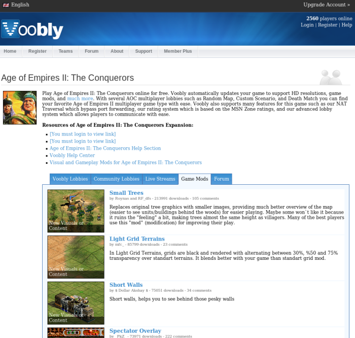 Screenshot of Voobly mods web page